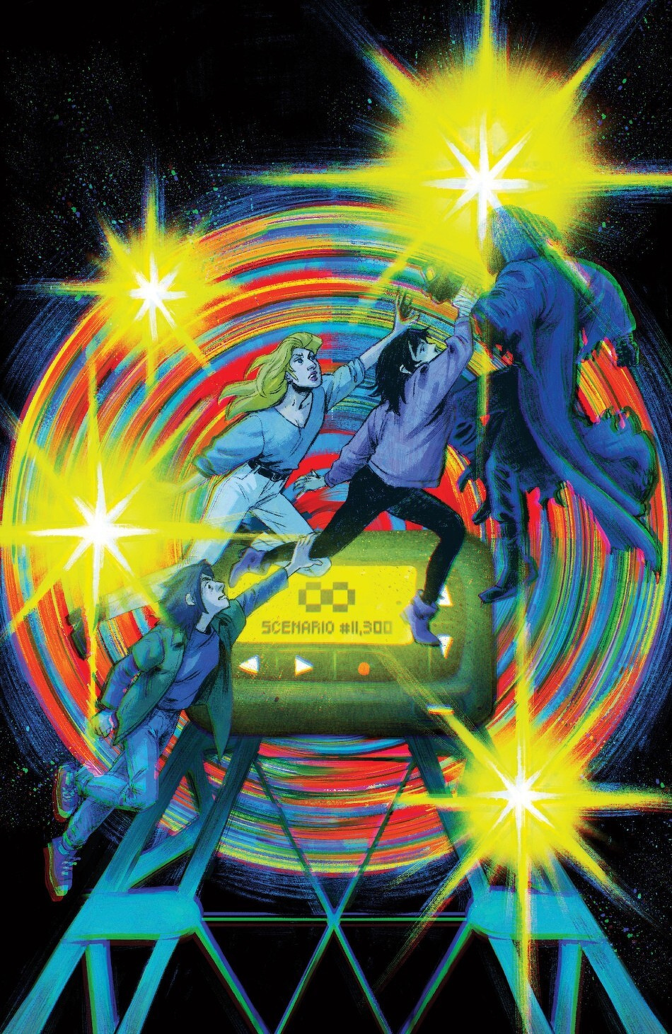 Four people appear to be in motion, either floating or jumping, surrounded by bright, colorful spirals and stars, with a digital display below them showing SCENARIO #11,000.