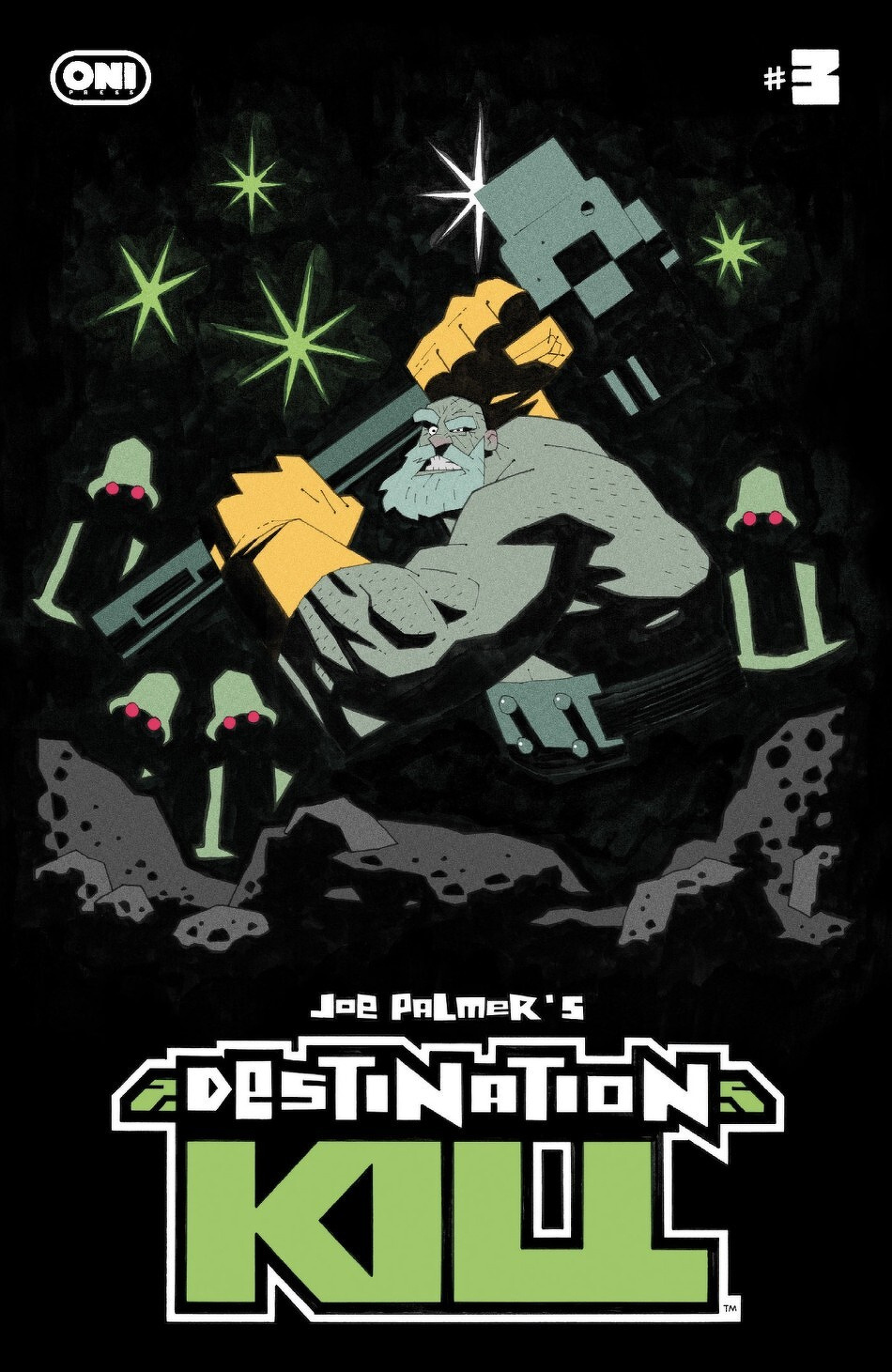 A muscular, gray-haired character wields a large weapon amidst an array of green, star-like objects, with the words Joe Palmer's Destination Kol displayed below.