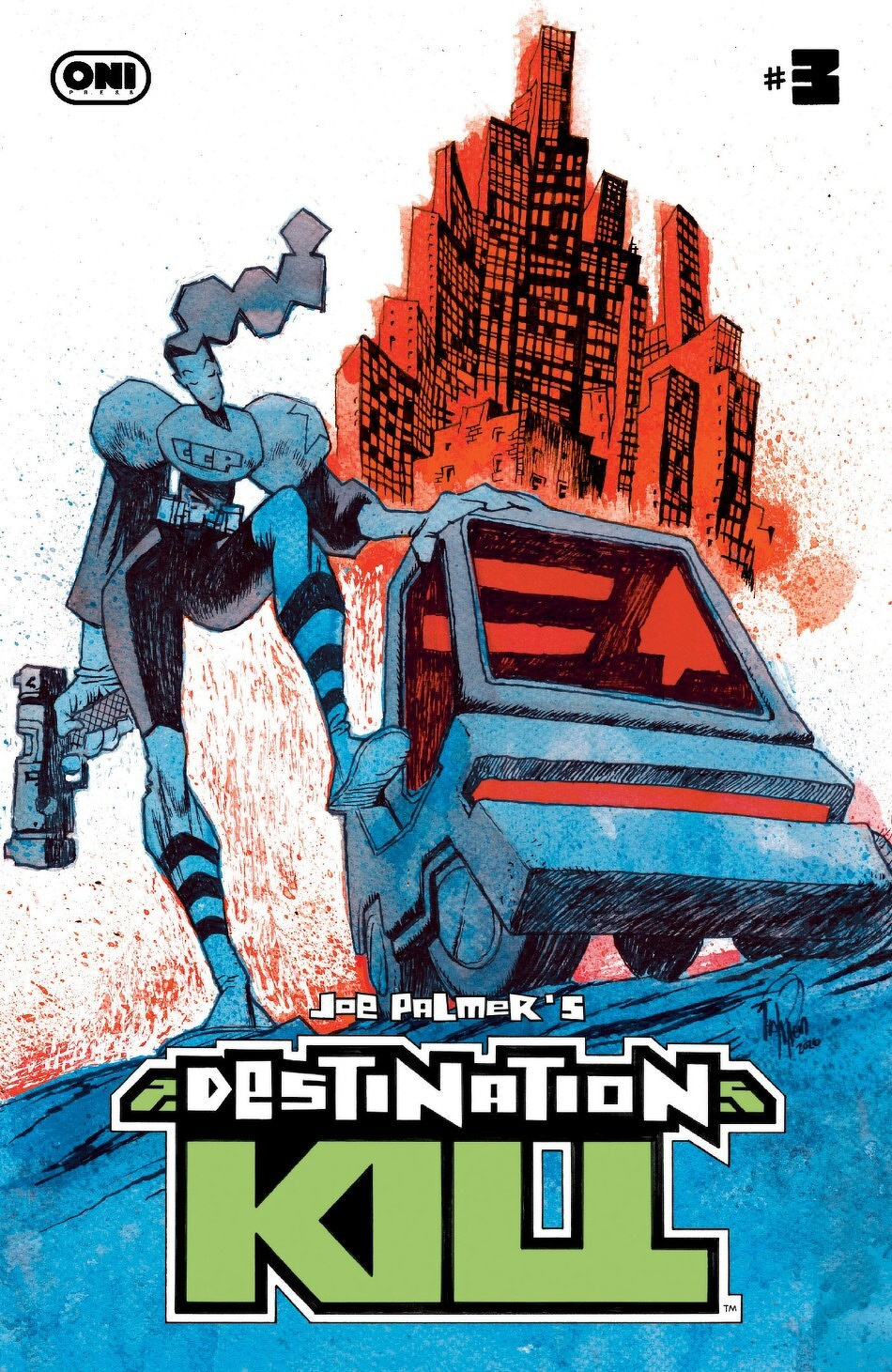 A superhero stands confidently next to a futuristic car with a city skyline in the background, featuring the text Joe Palmer's Destination Kol at the bottom.