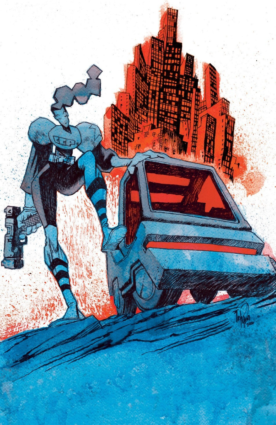 A superhero with a smokestack head stands confidently with one foot on a futuristic car against a cityscape background.