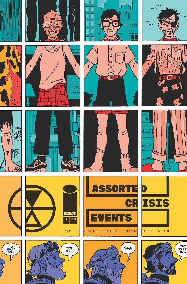 A comic book cover features a grid of cartoon characters with different outfits and a vibrant color scheme, titled Assorted Crisis Events.