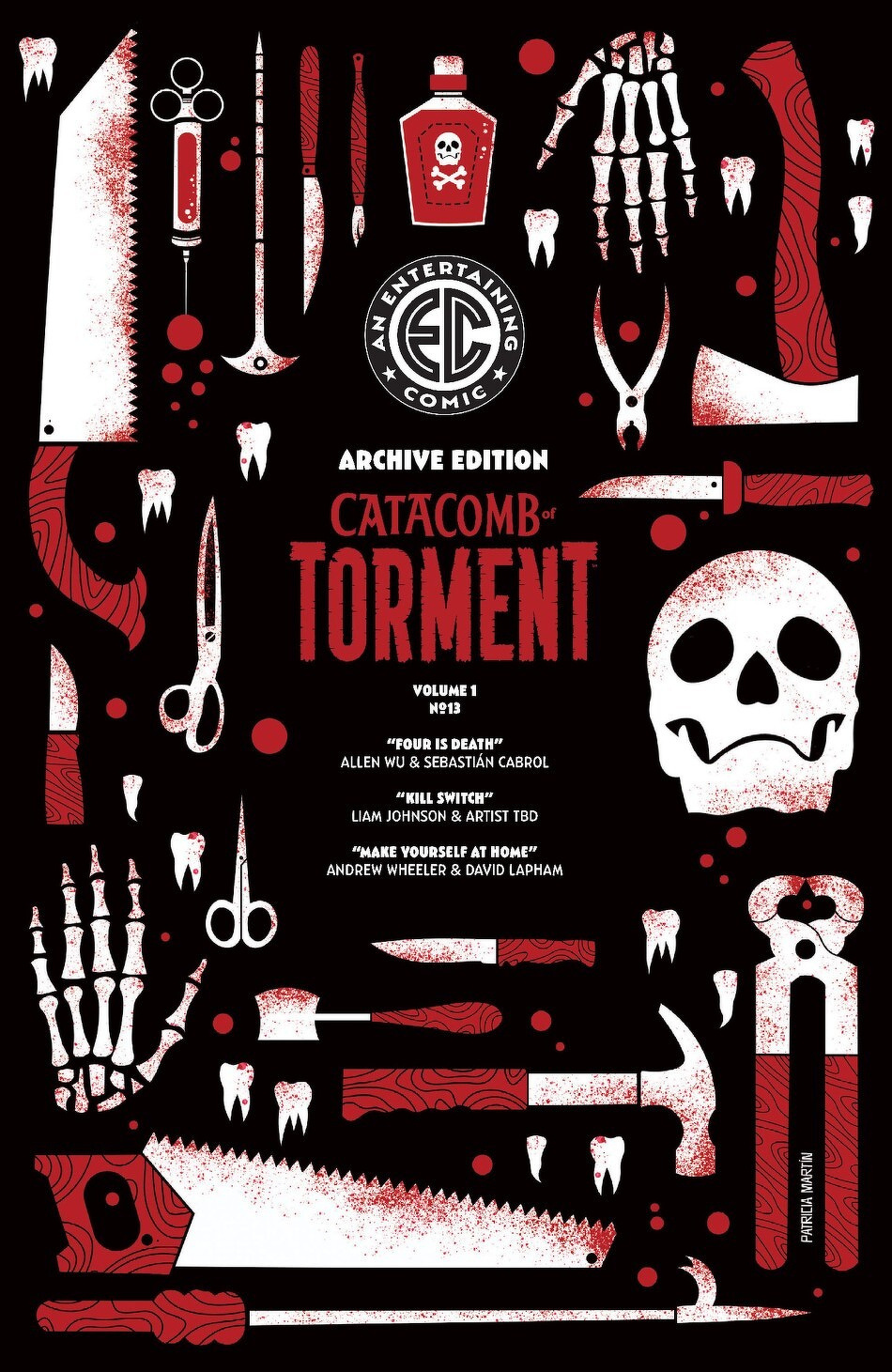 A stylized horror-themed illustration features tools, skeletal elements, and a skull, with text highlighting Catacomb Torment and various contributors.
