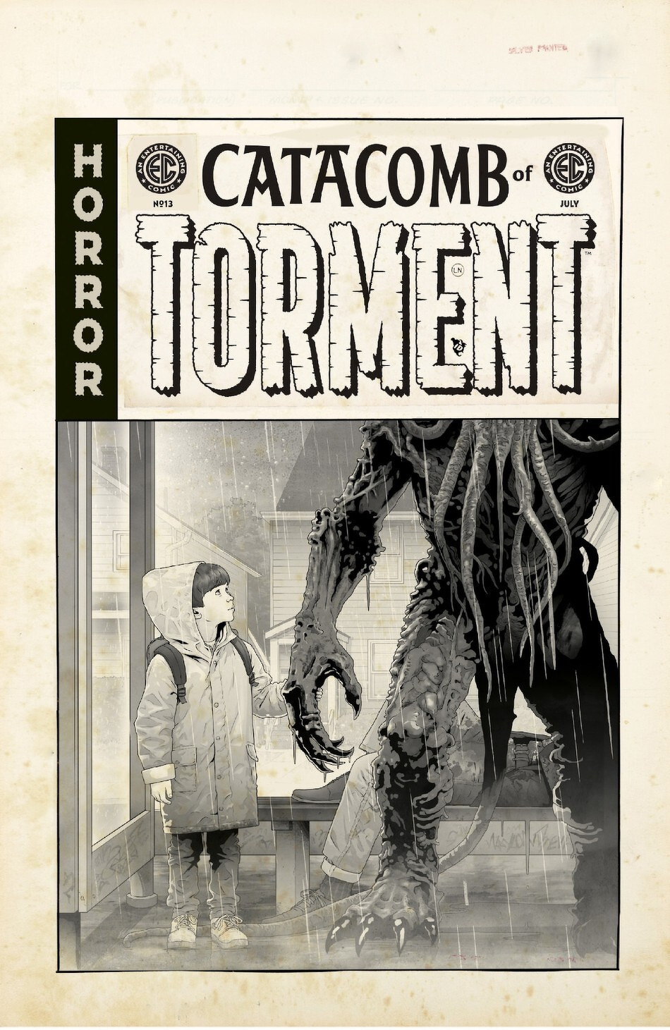 A child in a coat stands in front of a large, menacing creature on the cover of a horror comic titled Catacomb of Torment.
