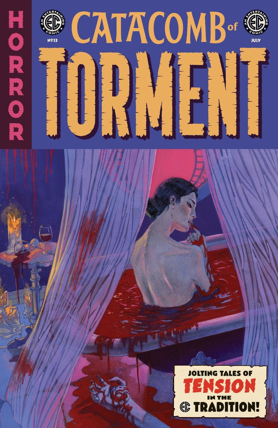 A horror comic cover features a woman drenched in blood on a bed, surrounded by eerie red curtains, with the title Catacomb of Torment prominently displayed.