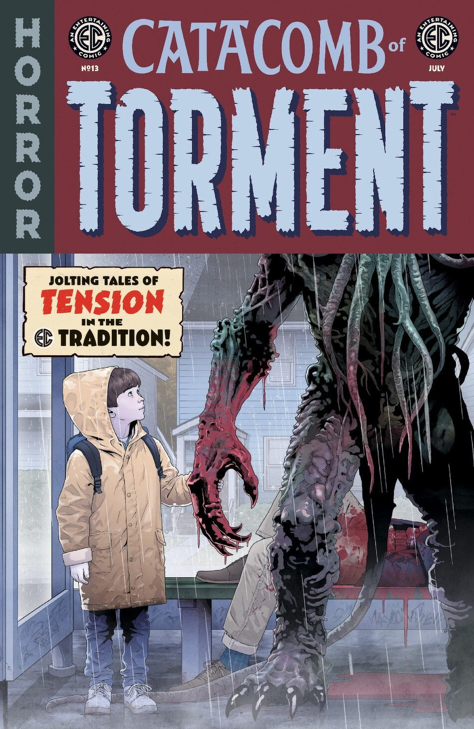 A young person in a yellow coat stands in an eerie, foggy scene next to a large, monstrous creature, with the title Catacomb of Torment displayed above.