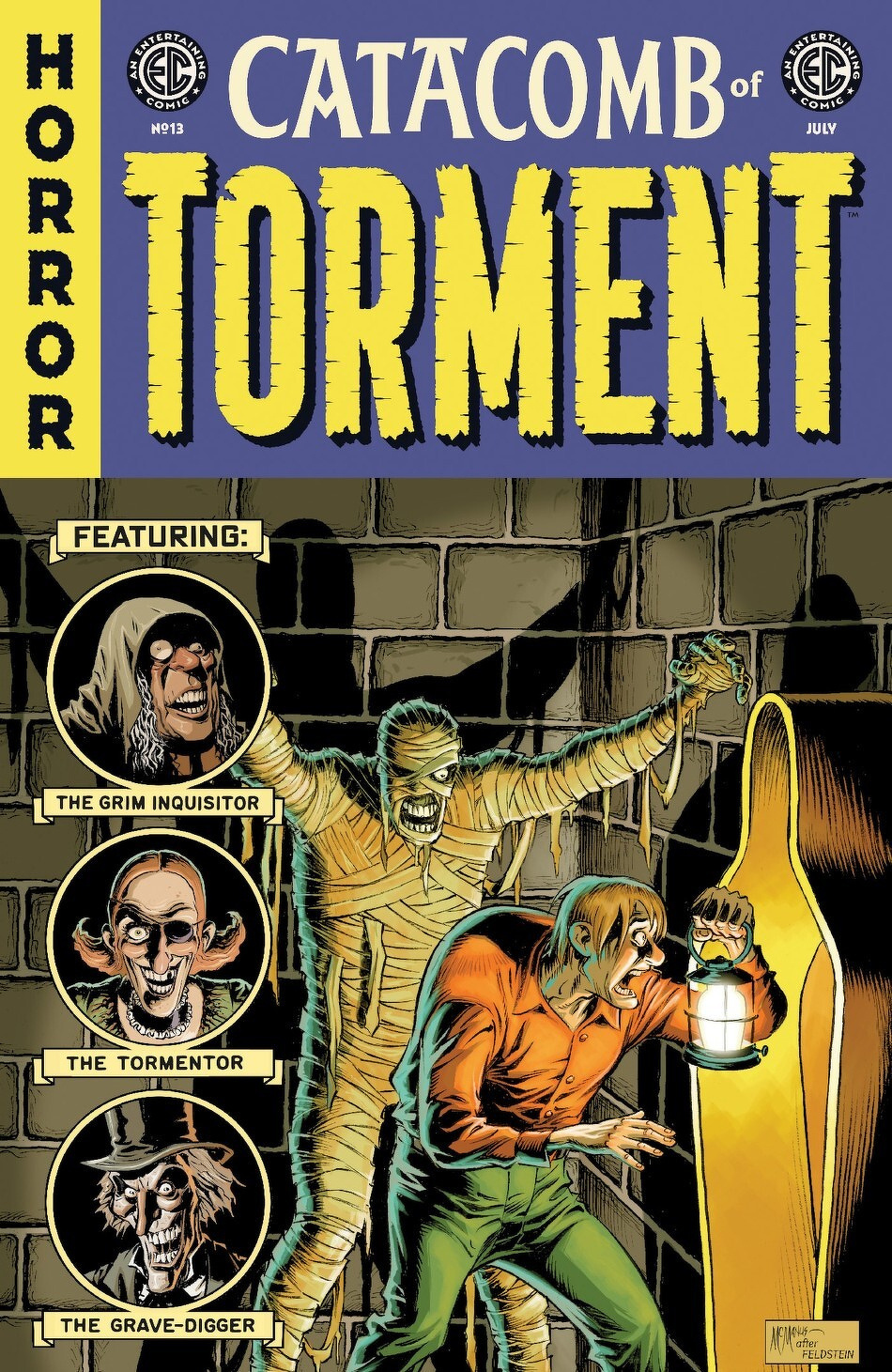 A vintage horror comic book cover titled Catacomb of Torment showcases a frightened man with a lantern, a mummy emerging from a sarcophagus, and profiles of three sinister characters.
