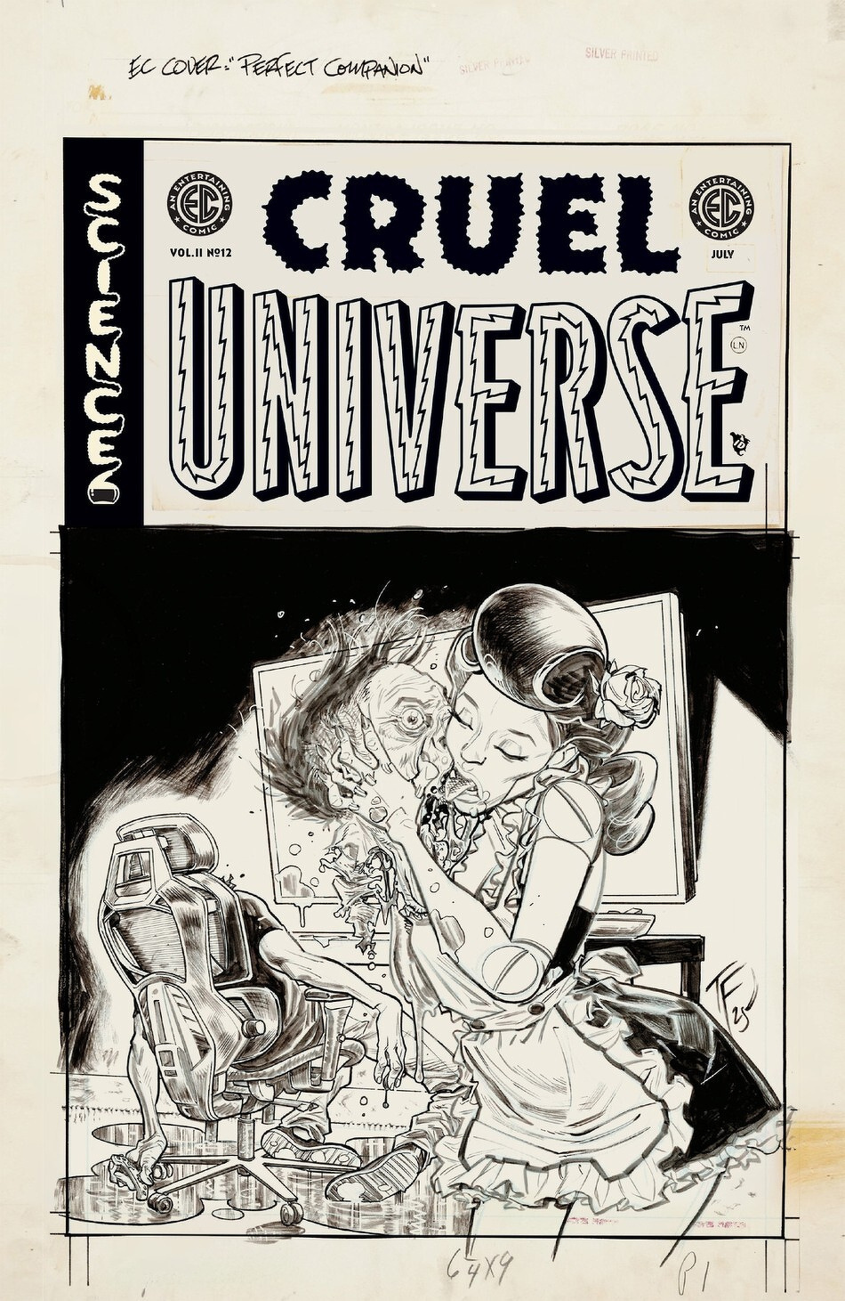 A monochromatic comic book cover illustration features a woman kissing a grotesque creature through a television screen, accompanied by the title CRUEL UNIVERSE in bold letters.