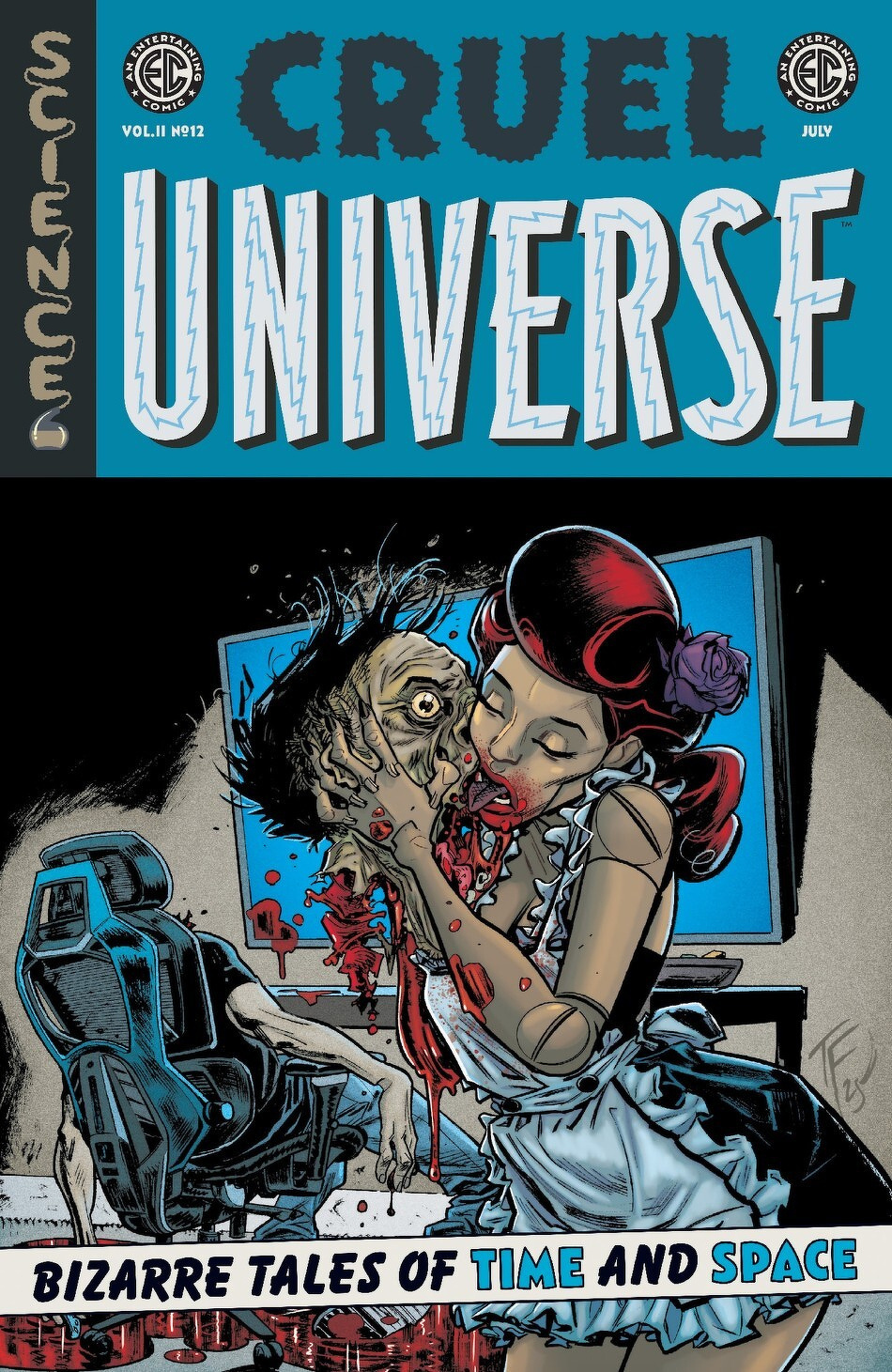A comic book cover titled Cruel Universe depicts a woman in a retro-futuristic setting smashing a zombie's head against a computer screen with blood splattering, alongside the text Bizarre Tales of Time and Space.