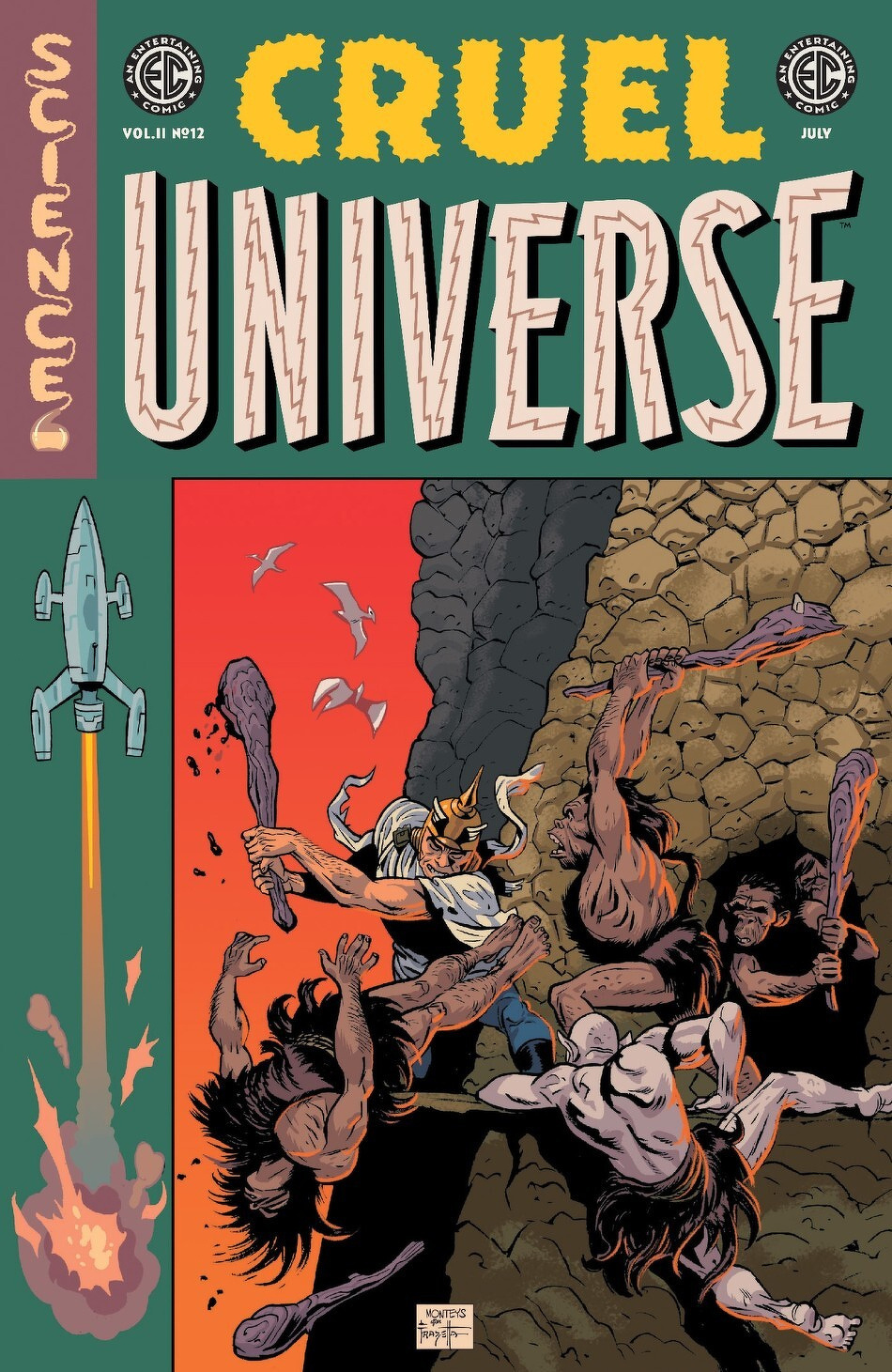 A comic book cover titled Cruel Universe depicts cavemen confronting a menacing alien figure in a rocky environment.