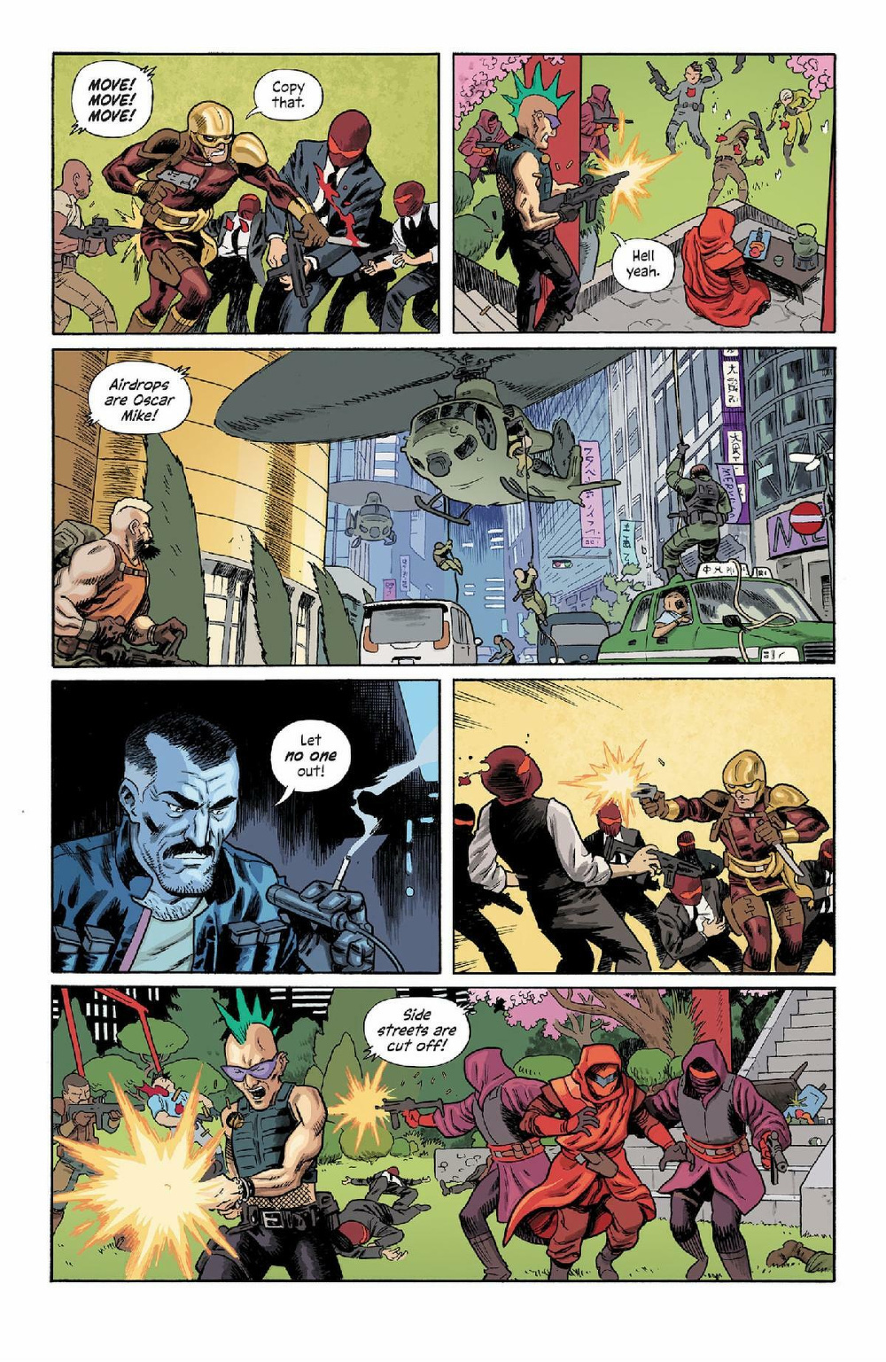 A dramatic comic book scene unfolds with characters in tactical gear and masks engaging in an action-packed firefight in an urban setting.