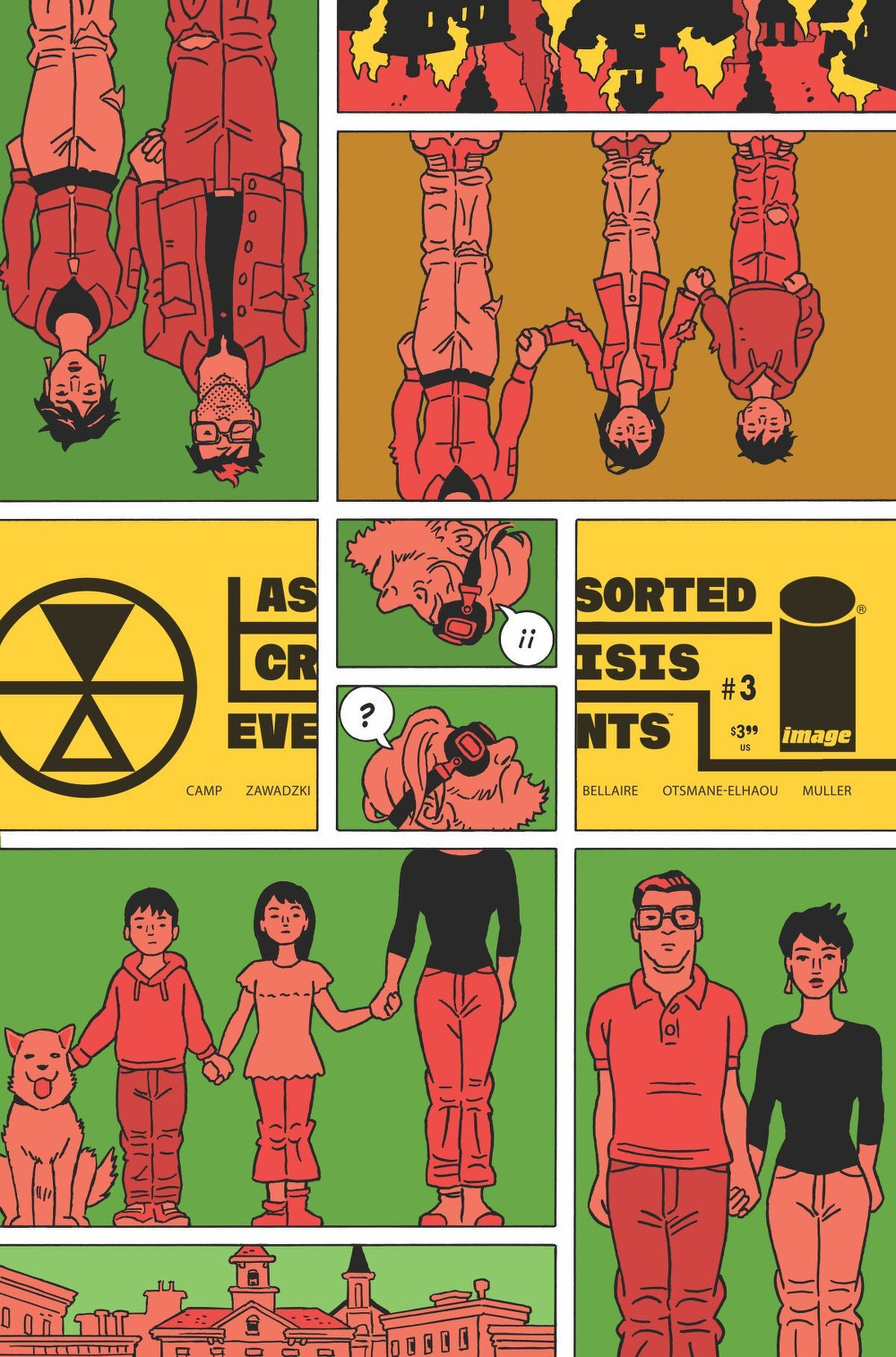 A comic book cover features panels with various characters in red and green tones, including a family holding hands and a hazard symbol.