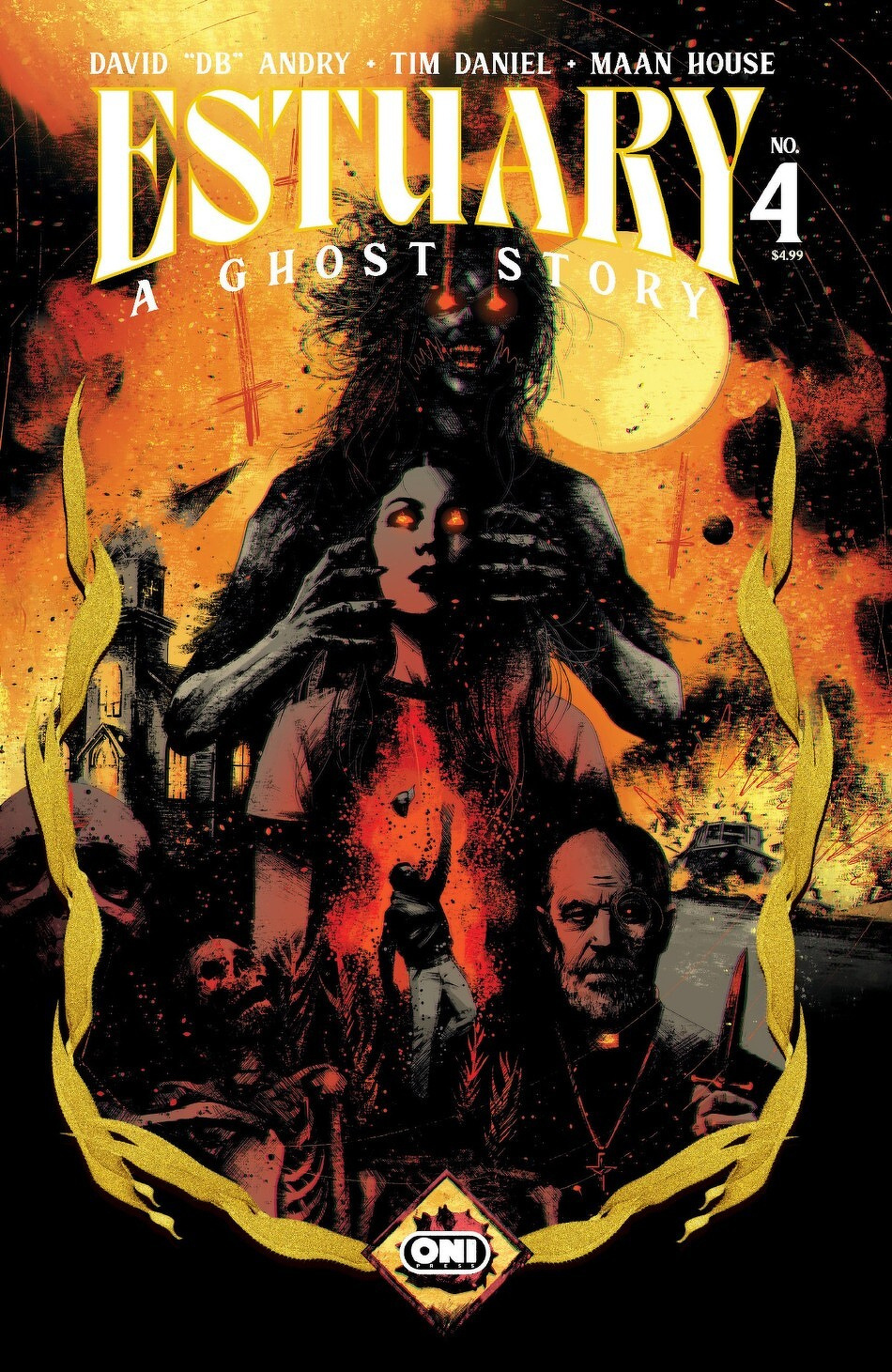 A haunting comic book cover features eerie figures and ghostly imagery with a dark, fiery theme, and the title Estuary: A Ghost Story No. 4.