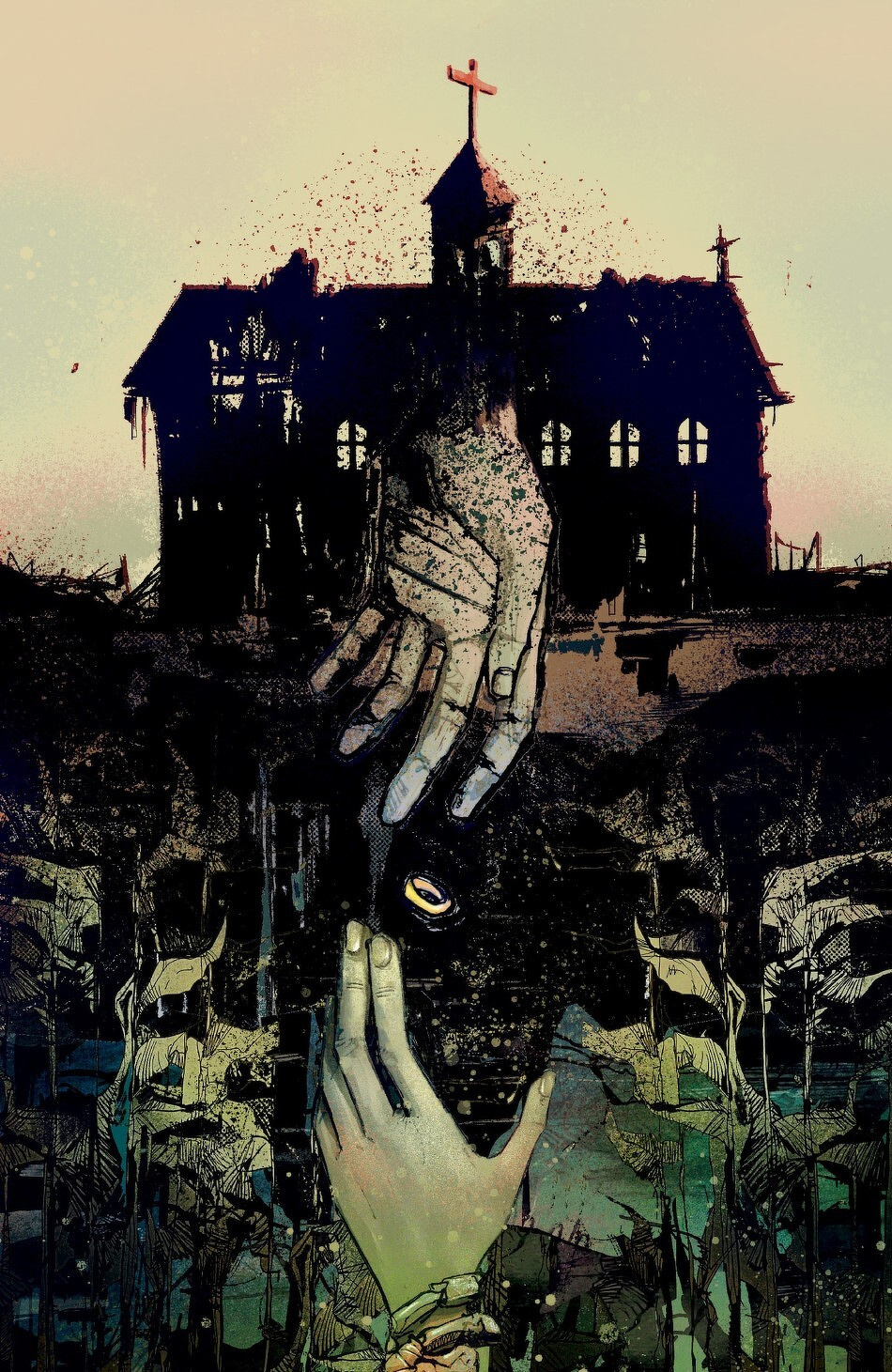 A dark, atmospheric scene depicts two hands reaching towards each other in front of an ominous, dilapidated building with a cross on top, surrounded by shadowy vegetation.