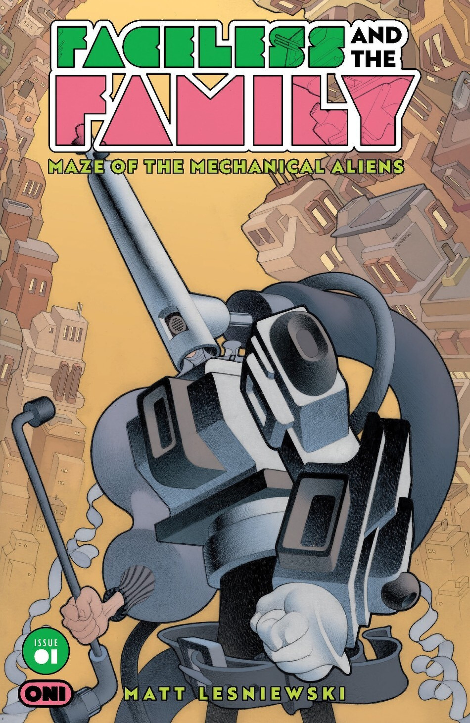 A robotic figure is prominently featured on a comic book cover titled Faceless and the Family: Maze of the Mechanical Aliens with a complex background of buildings.