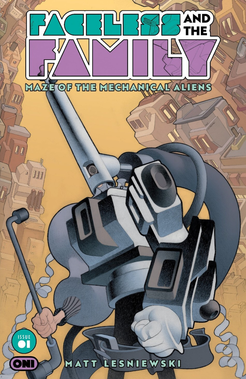 A stylized, mechanical figure wielding a large wrench stands against a backdrop of abstract city buildings, with the title Faceless and the Family: Maze of the Mechanical Aliens at the top.