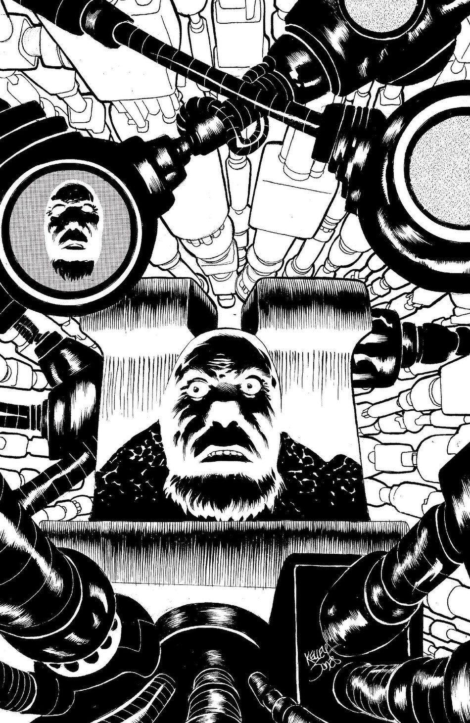 A monochromatic, surreal illustration depicts a person surrounded by numerous pipes and surveillance equipment, conveying a sense of entrapment or observation.