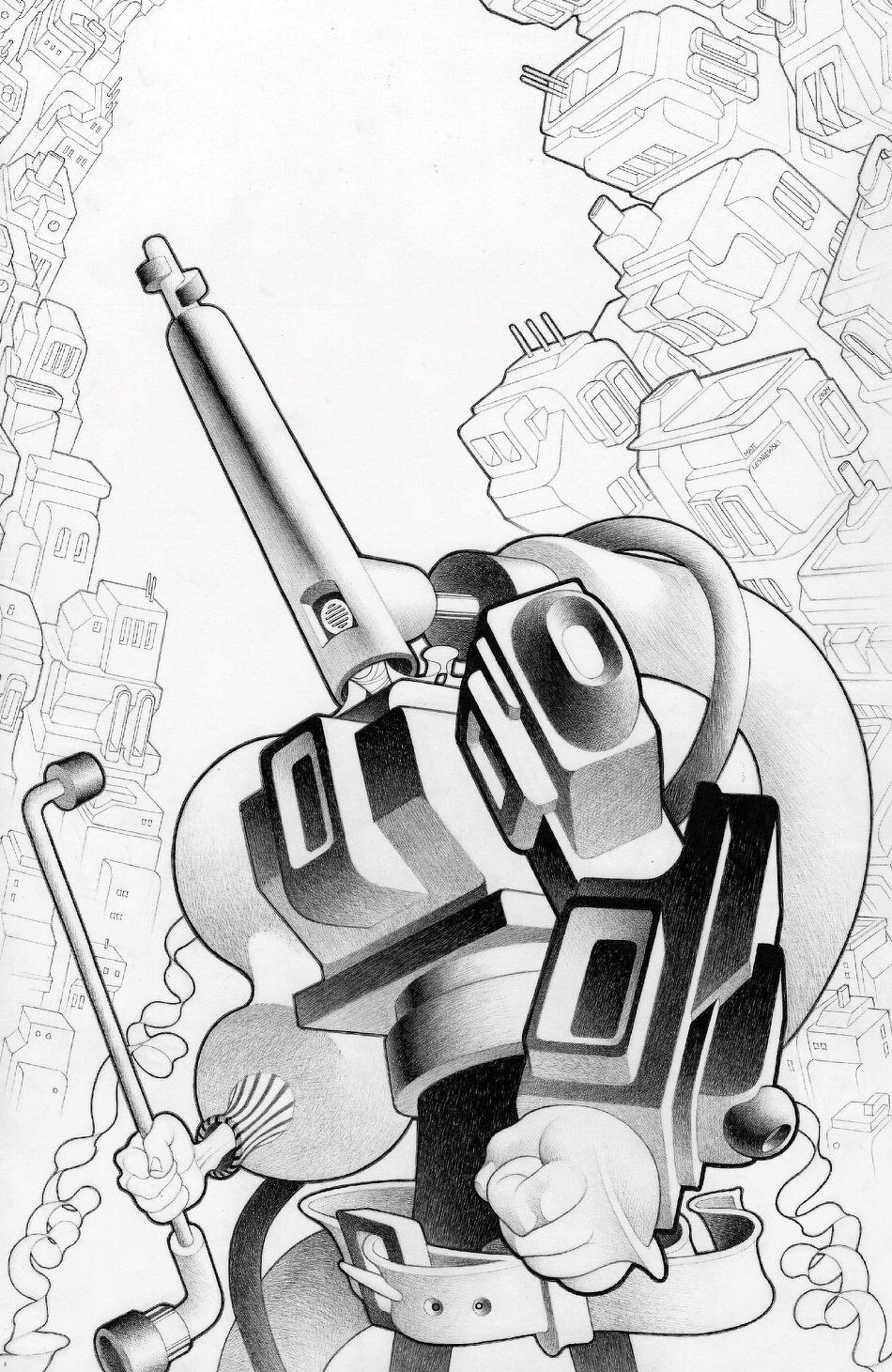 A robotic figure with a futuristic design stands amidst a background of abstract, geometric structures.