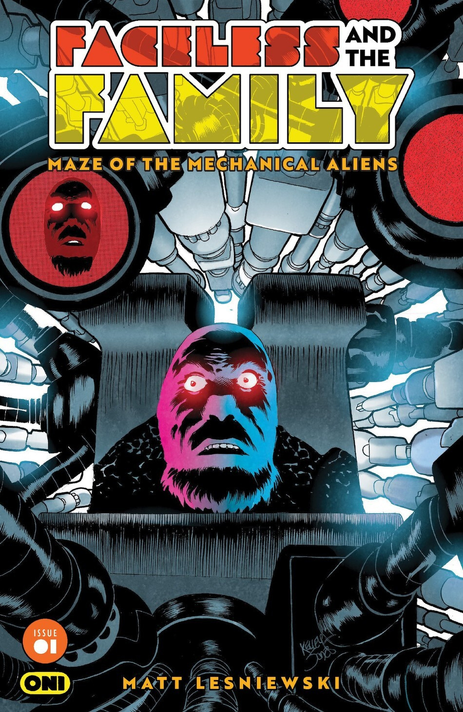 A mysterious figure with glowing eyes is surrounded by intricate mechanical structures, under the title Faceless and the Family: Maze of the Mechanical Aliens.