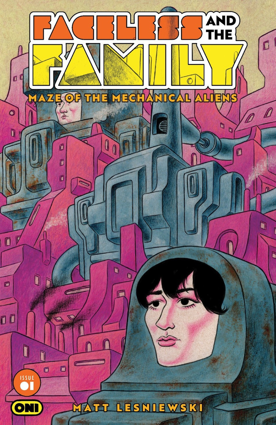 A colorful, surreal illustration features abstract buildings and two faces integrated into a mechanical landscape, with the title Faceless and the Family: Maze of the Mechanical Aliens prominently displayed.