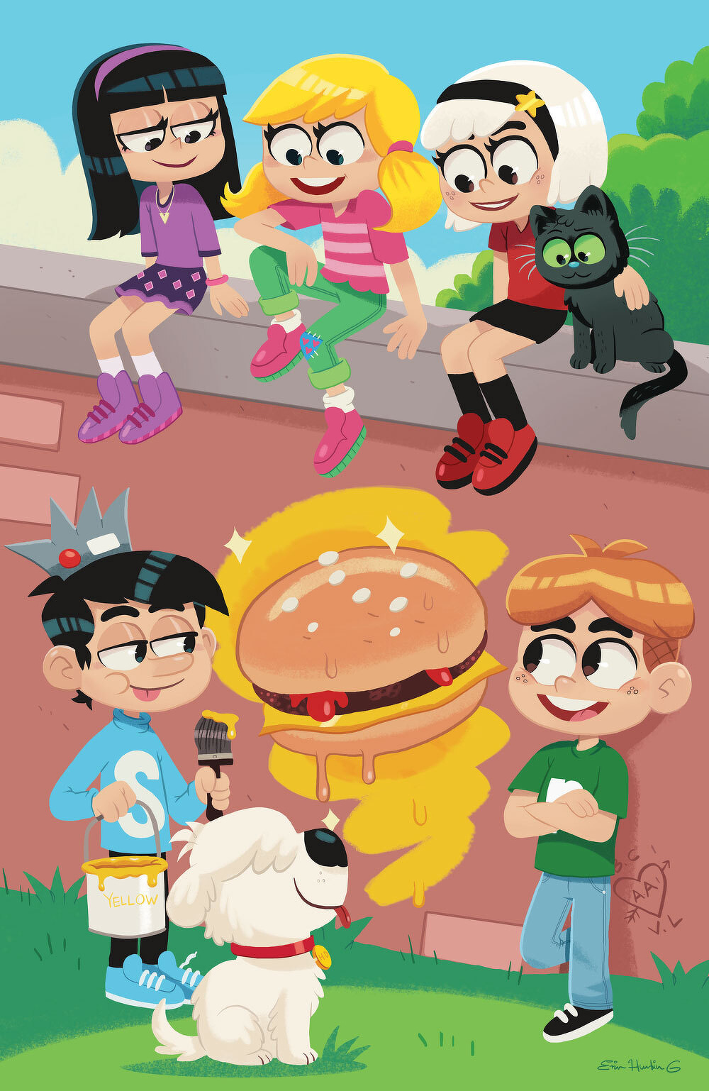 A group of cartoon children and a dog gather around a wall, with one child painting a yellow burger.