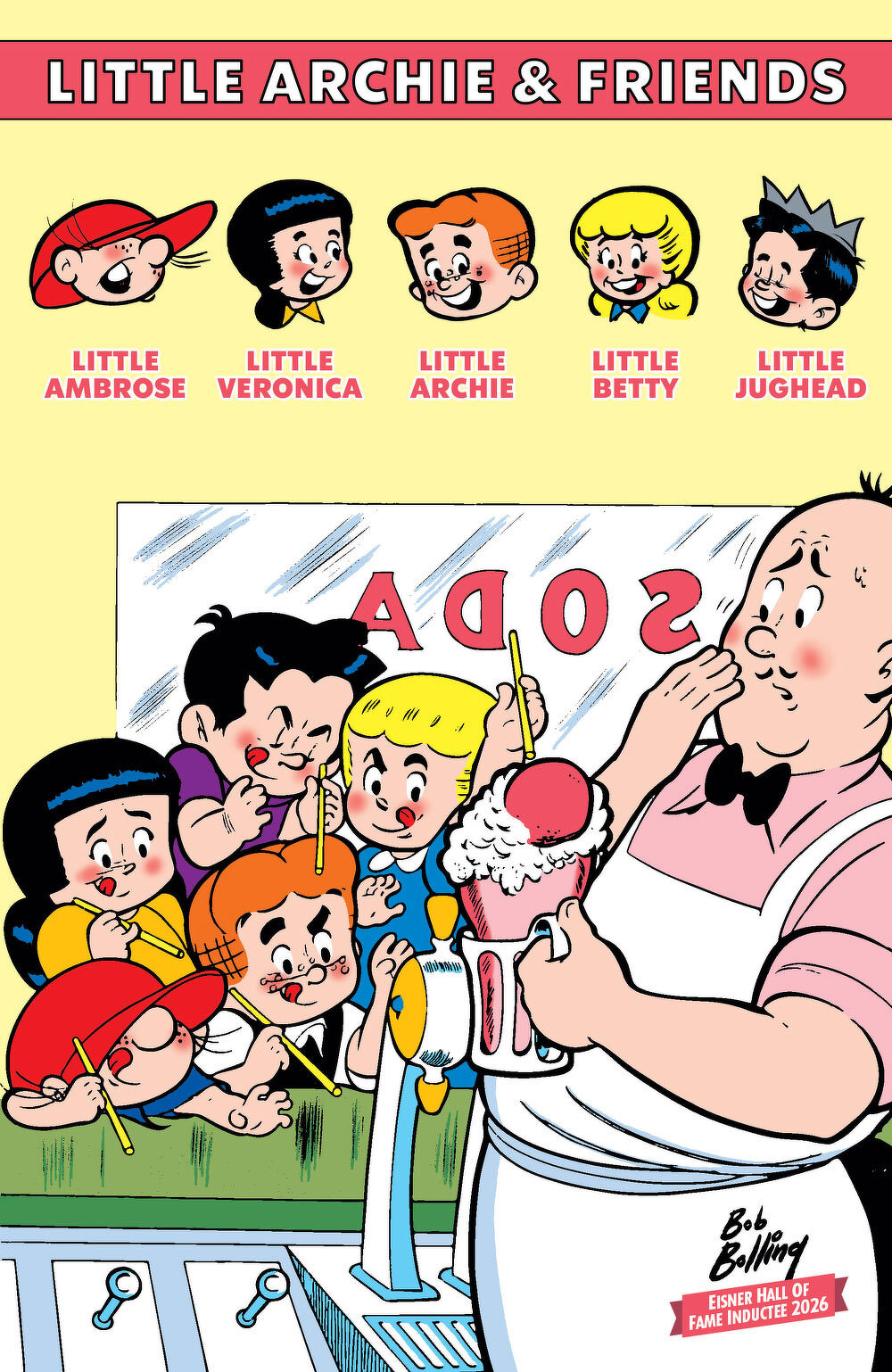 A group of young characters eagerly watches a server prepare a large, pink ice cream soda at a diner.