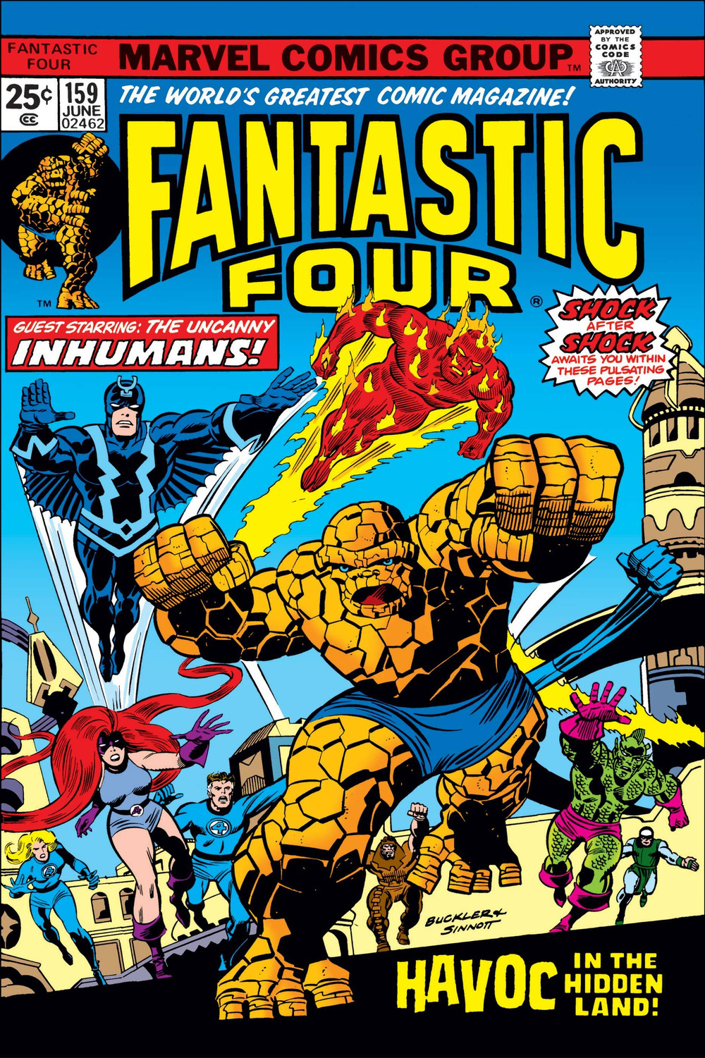 Four superheroes, including a rock-like creature and a fiery figure, are depicted on a comic book cover titled Fantastic Four, featuring the tagline Havoc in the Hidden Land alongside Marvel's The Uncanny Inhumans.