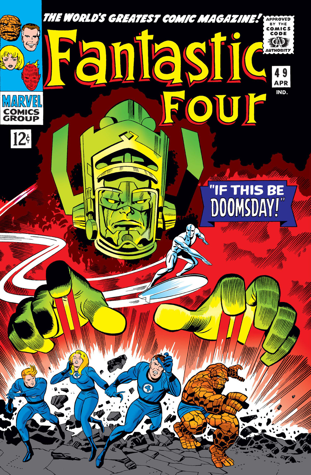 A dramatic comic book cover features the Fantastic Four confronting the powerful Galactus, with the Silver Surfer soaring above.