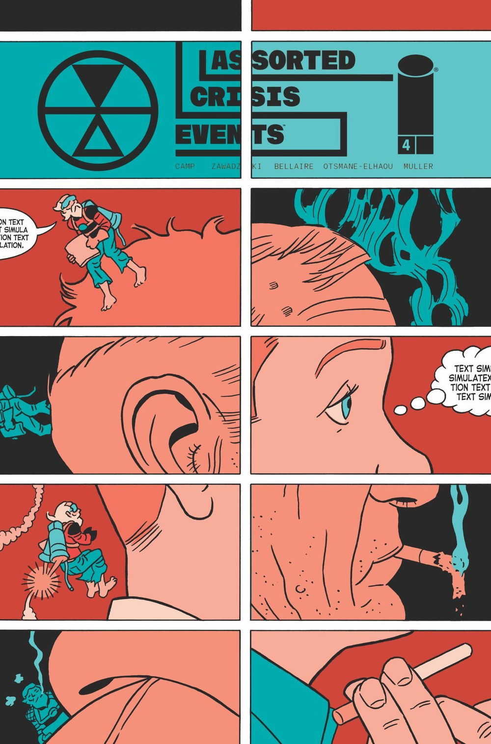 A comic-style illustration shows a worried man alongside multiple panels featuring a futuristic setting with a warning message about a crisis event.