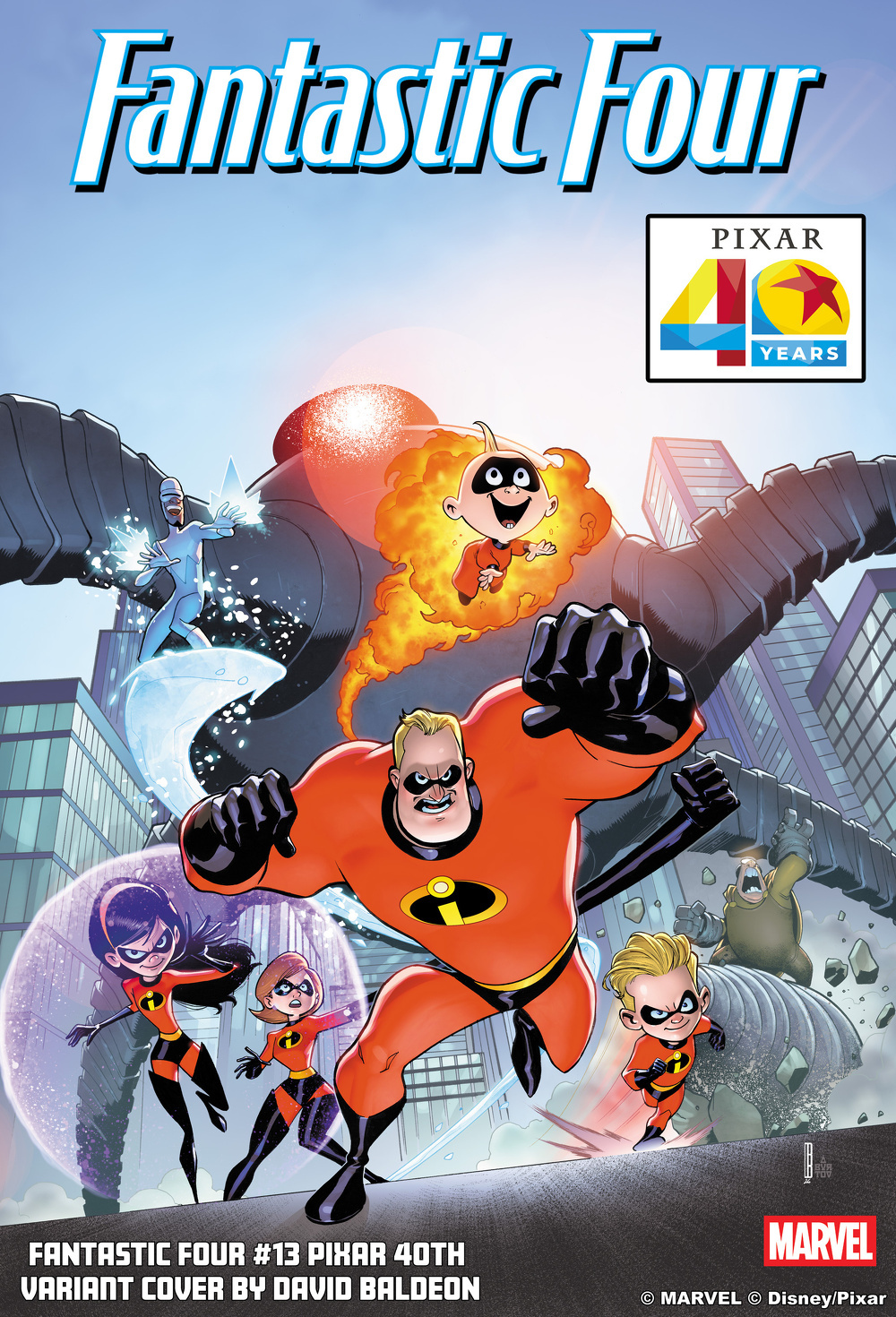 A crossover comic book cover features the Fantastic Four and The Incredibles collaborating to fight a giant robot in a cityscape.
