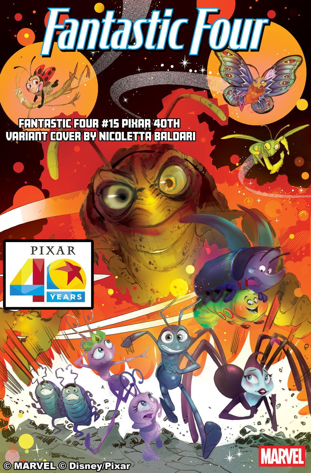 A vibrant comic cover features colorful Pixar characters, including a butterfly and various insects, celebrating Pixar's 40th anniversary alongside the Fantastic Four logo.
