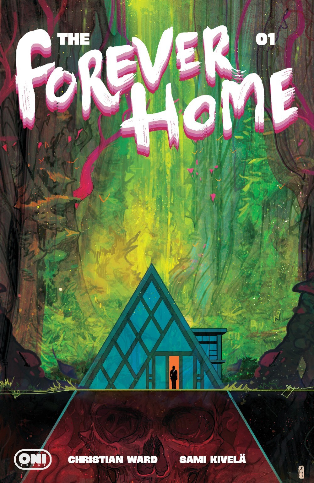 Auto-generated description: A futuristic triangular house stands in a vibrant, lush forest with a small figure at the door, while a large, ominous skull is subtly depicted below the ground.