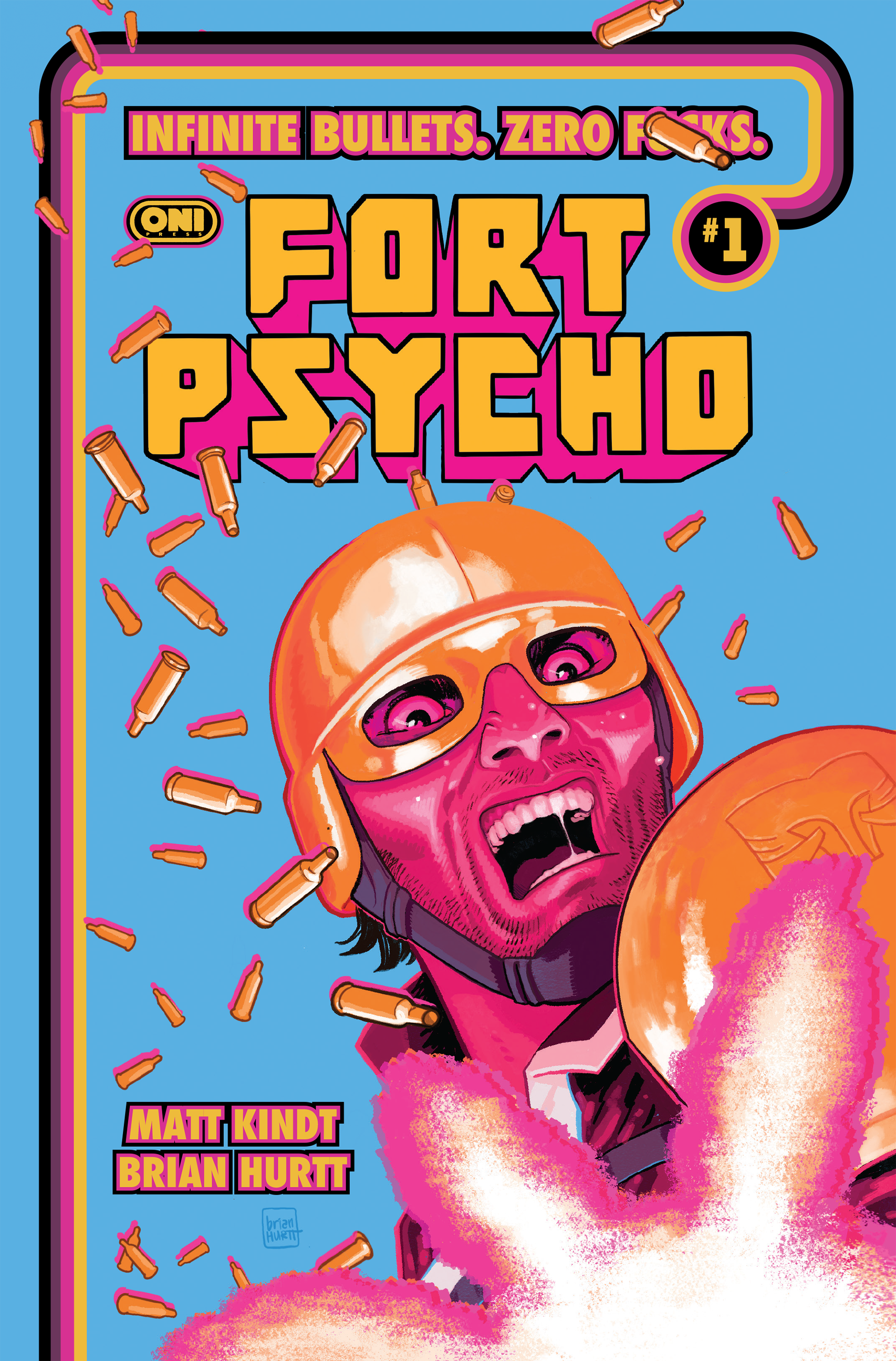 A colorful comic book cover features a shocked soldier in pink and orange with bullets flying around, alongside the title Fort Psycho and creators Matt Kindt and Brian Hurtt.