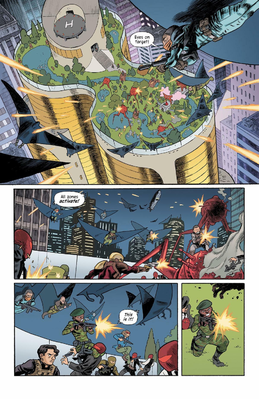 A group of figures in tactical gear is engaging in a rooftop battle, featuring gunfire and action amidst a cityscape backdrop.