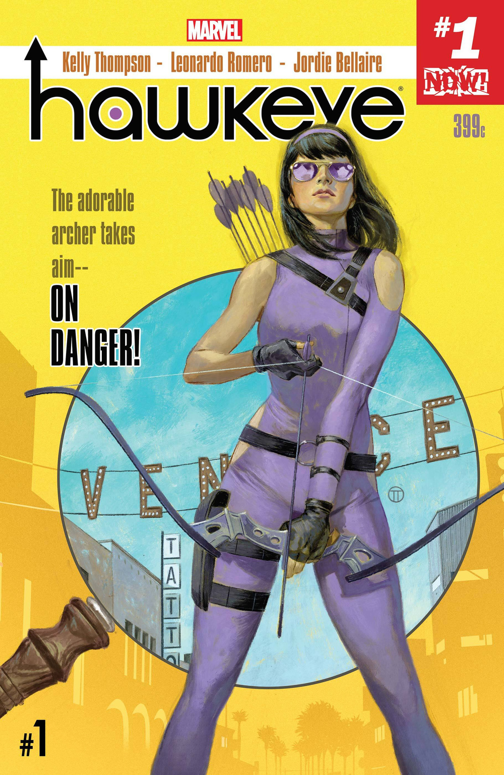 A female archer, dressed in purple with a bow and arrows, stands confidently against a yellow background with the text The adorable archer takes aim... on danger!