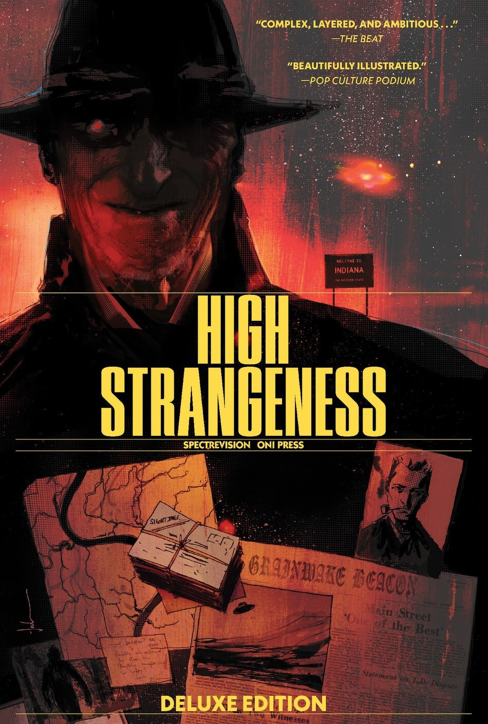 A mysterious figure in a dark hat is surrounded by maps and documents with bold text that reads High Strangeness Deluxe Edition.