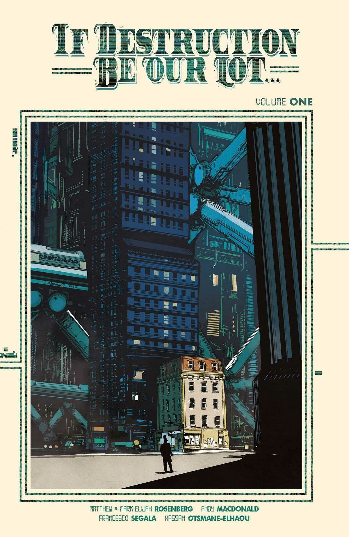 Auto-generated description: A lone figure stands in front of a towering futuristic cityscape with large mechanical structures and a smaller old building in the foreground.