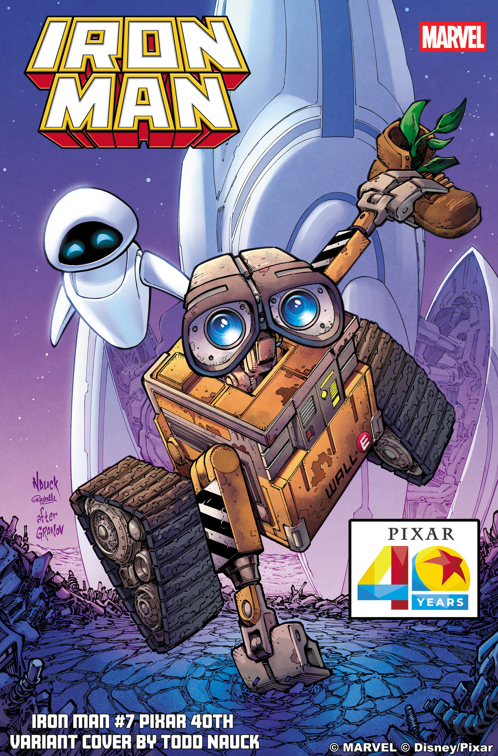 A colorful comic book cover features WALL·E holding a small plant, with EVE floating alongside, celebrating Pixar's 40th anniversary.