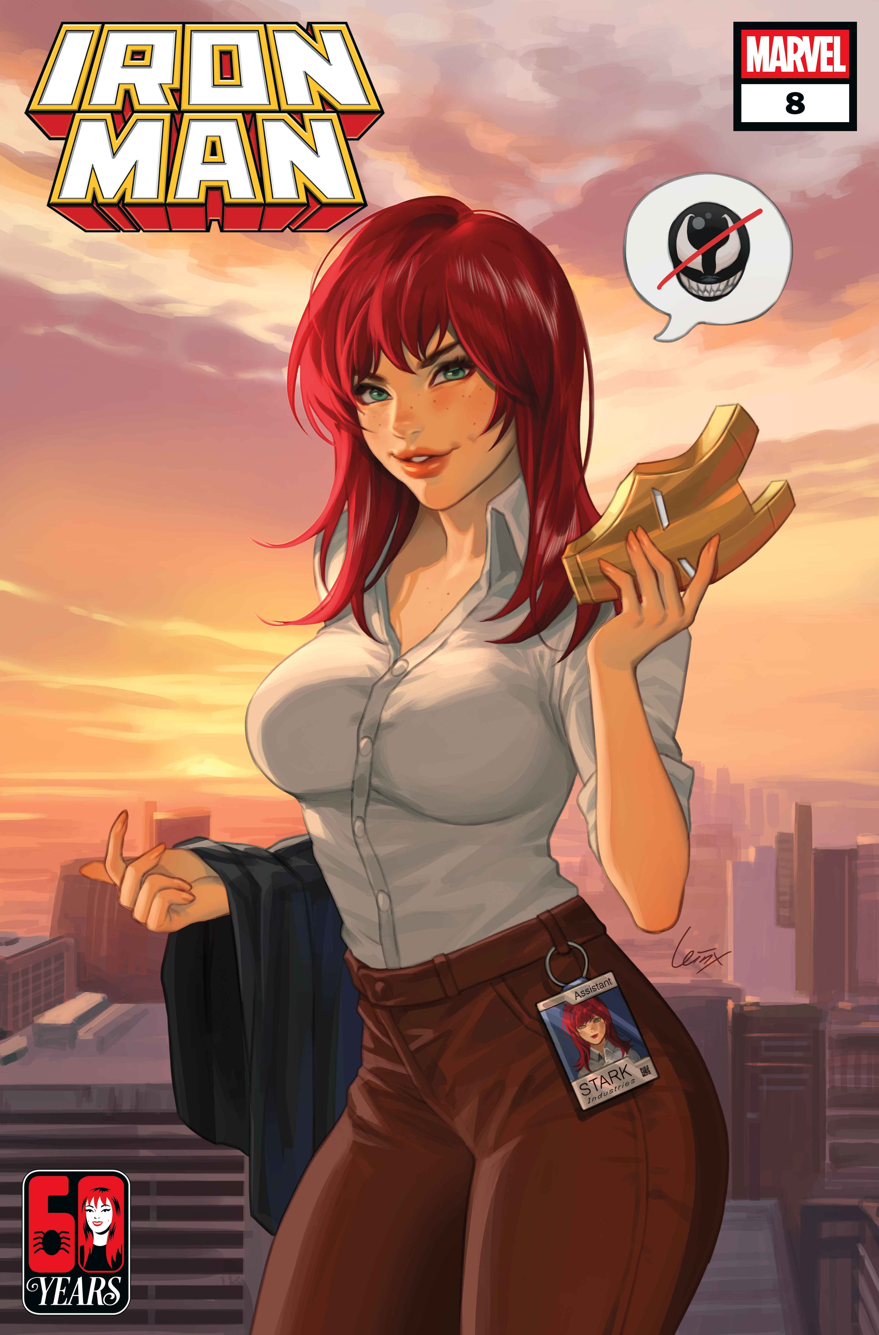Auto-generated description: A red-haired woman, dressed in a white shirt and brown pants with a name tag labeled Stark, holds a large gold letter while standing against a cityscape backdrop, featured on a comic book cover labeled Iron Man.
