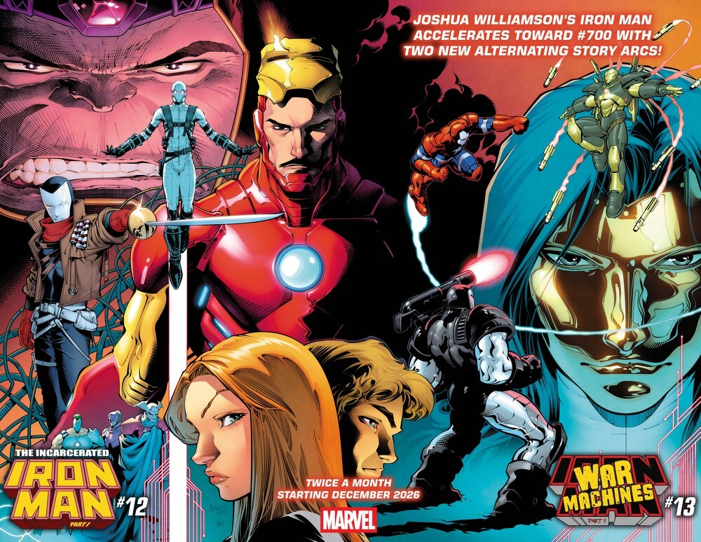 Auto-generated description: Several Marvel characters including Iron Man and War Machine are depicted in a dynamic comic book cover promoting Joshua Williamson's Iron Man series with new alternating story arcs starting December 2026.