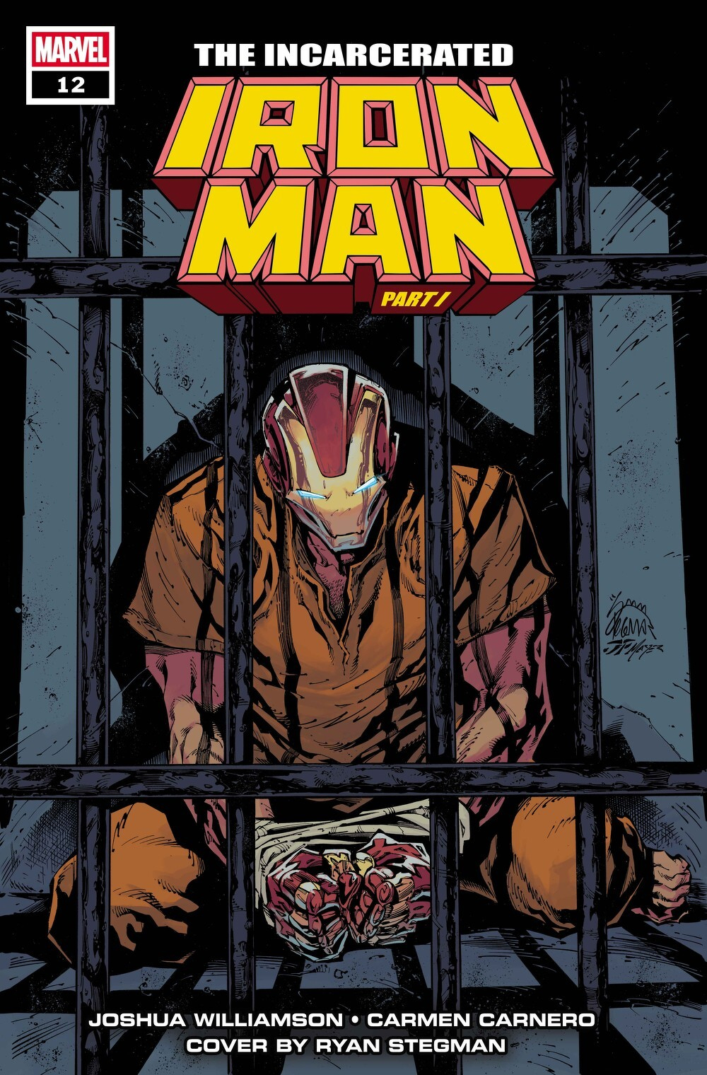 Auto-generated description: Iron Man is depicted wearing an orange prison uniform and sitting behind bars with hands shackled on the cover of Marvel's The Incarcerated Iron Man Part 1 comic.