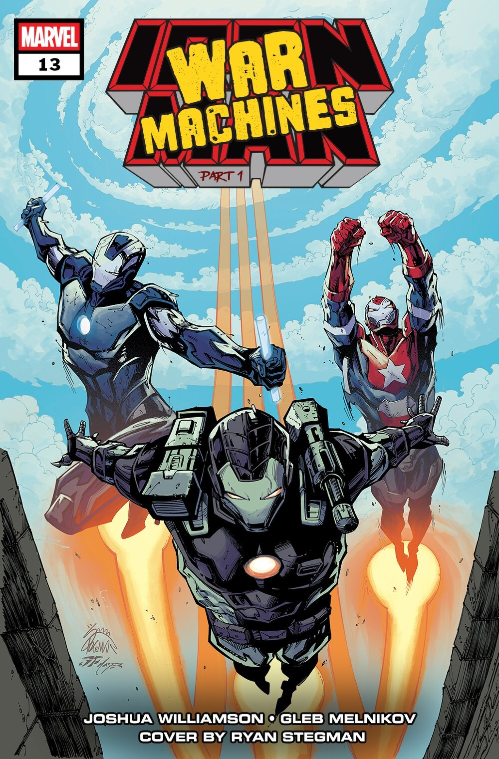 Auto-generated description: Three armored characters are flying upward with jet propulsion against a cloudy sky backdrop on the cover of Marvel's Iron Man: War Machines Part 1.