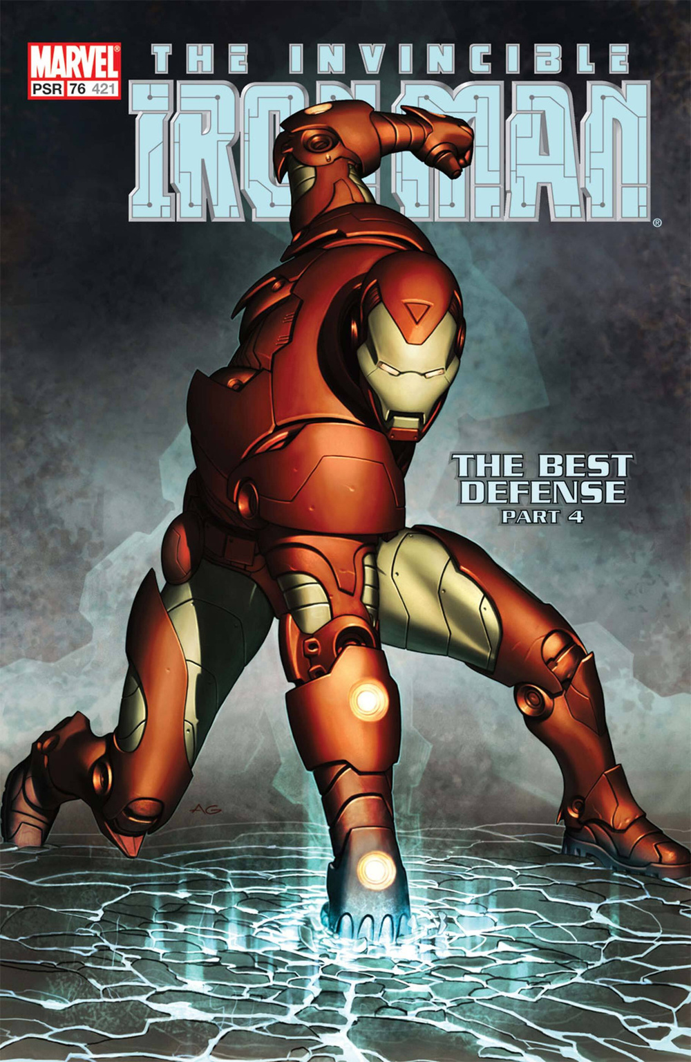 A dynamic comic book cover features Iron Man in his suit striking a powerful pose with his hand glowing against the ground.