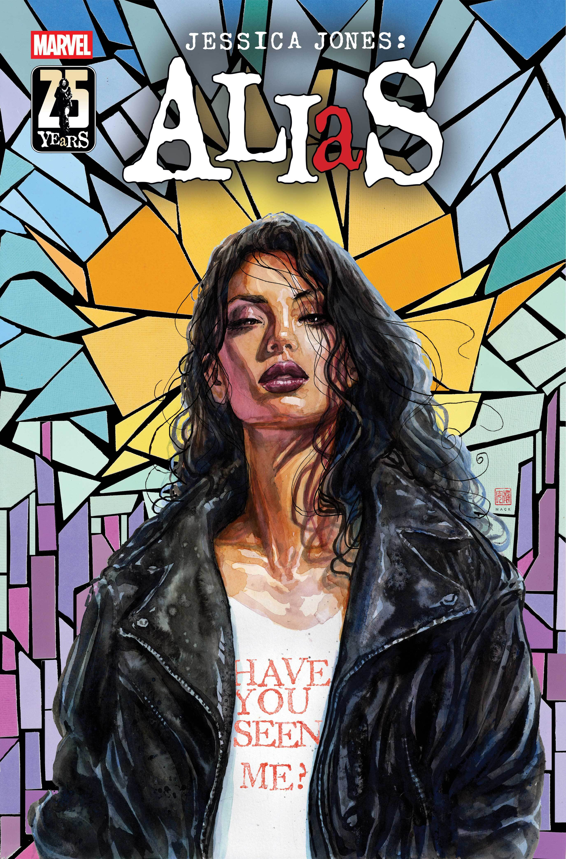 Auto-generated description: A confident woman with wet hair and a leather jacket stands against a colorful stained-glass background with the text Jessica Jones: Alias above her.