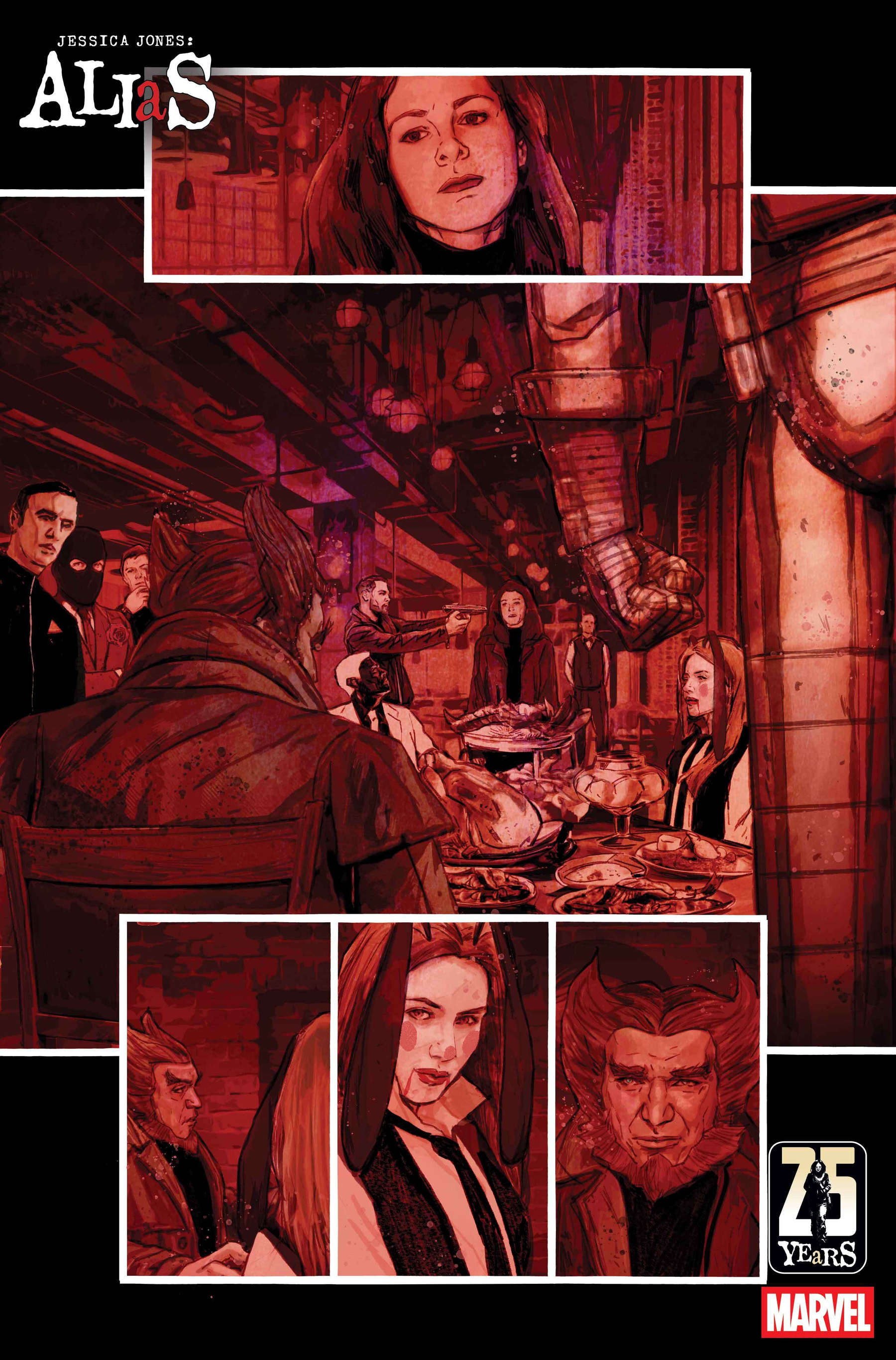 Auto-generated description: A tense confrontation unfolds in a dimly lit room where several characters, including a woman with long hair and a man with horns, gather around a table laden with food, while a large armored figure's fist is prominently raised.