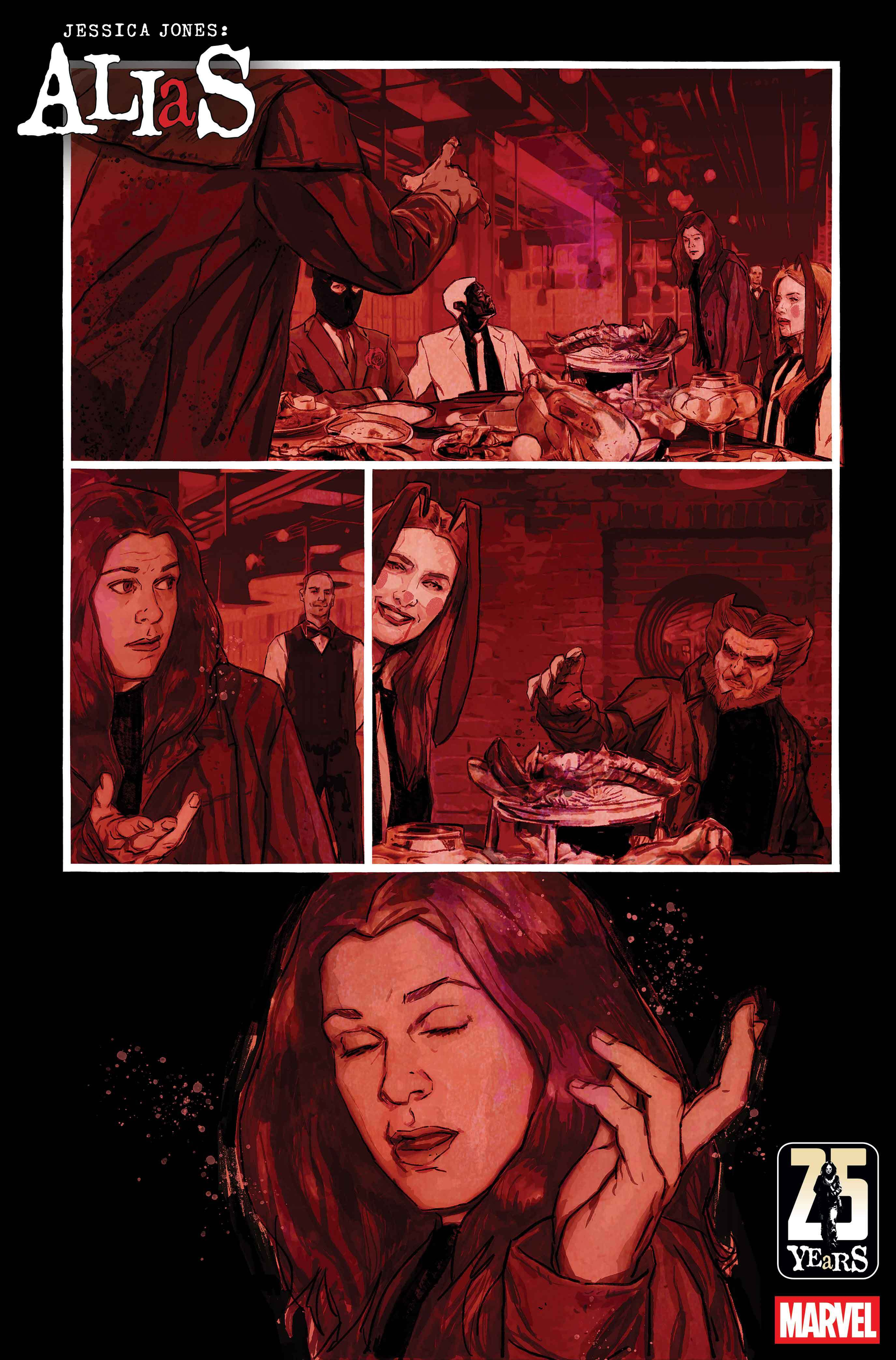 Auto-generated description: Jessica Jones appears to be involved in a tense confrontation or discussion in a dimly lit room with several other people, with close-up panels emphasizing her expressions and gestures, framed within a dark red color palette.