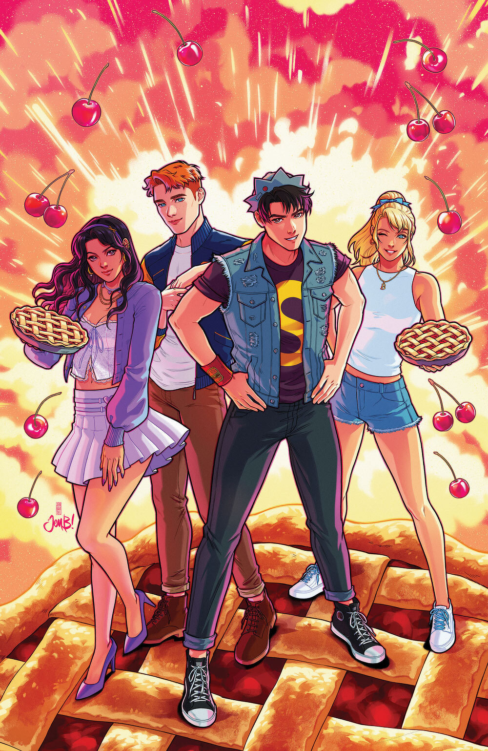 Four young people are standing confidently on a massive pie, surrounded by floating cherries, with two of them holding pies.