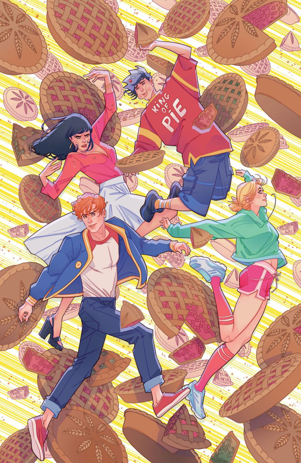 Four animated characters are joyfully floating amidst a whimsical array of pies and pie slices.