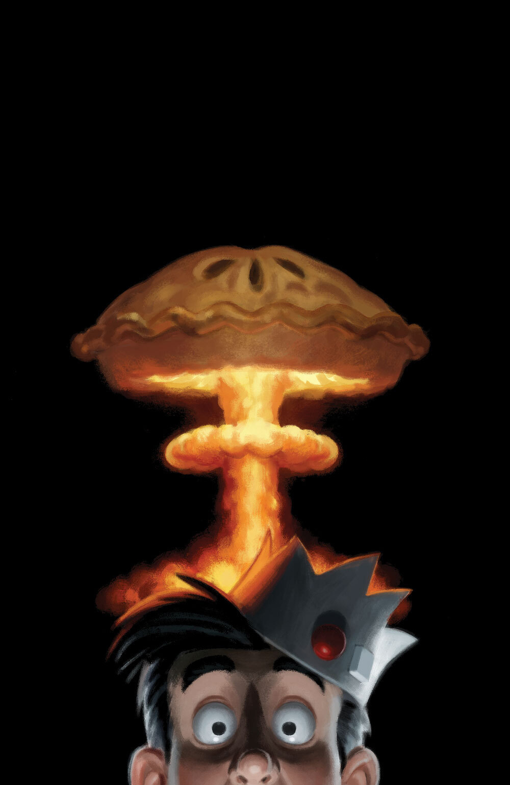 A cartoon character with wide eyes wears a crown while an explosion shaped like a pie mushroom cloud appears above.