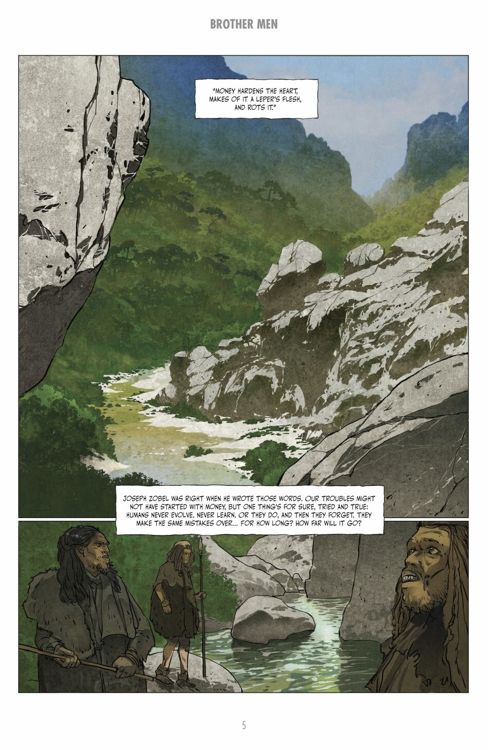 A rugged mountainous landscape surrounds a flowing river, where three figures stand conversing near the water.