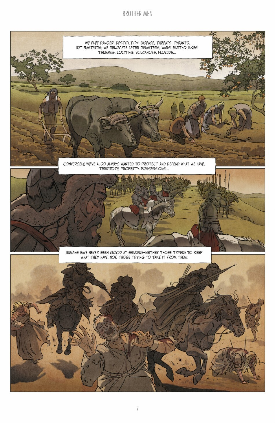 People are depicted engaging in various activities such as farming, migrating with livestock, and riding horses, accompanied by narrative text about protection and challenges.